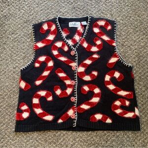 Belle Pointe VTG Ramie Button Front Embellished Candy Cane Christmas Vest